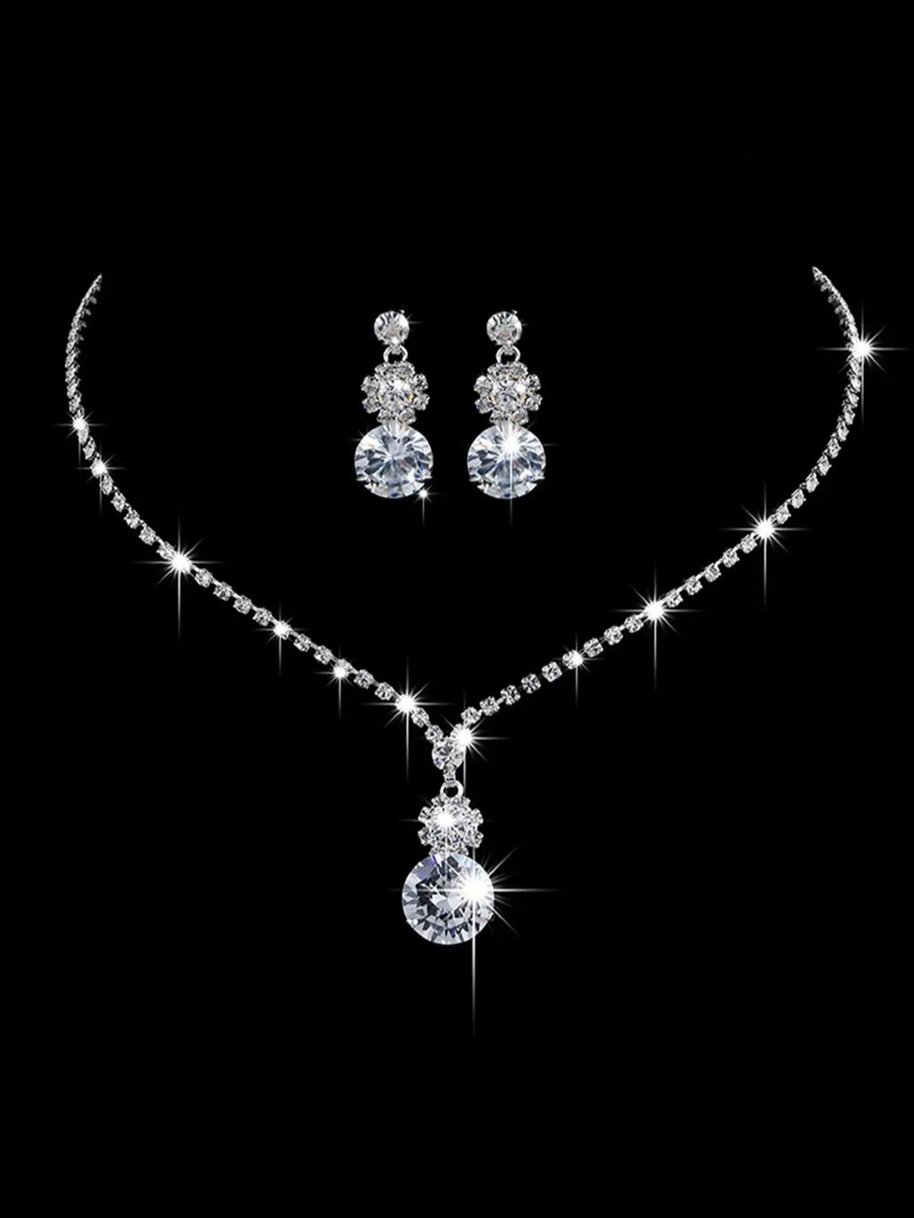 Two Piece Round Rhinestone Earrings and Necklace Set for Wedding, Pageant, Quinceanera, etc.