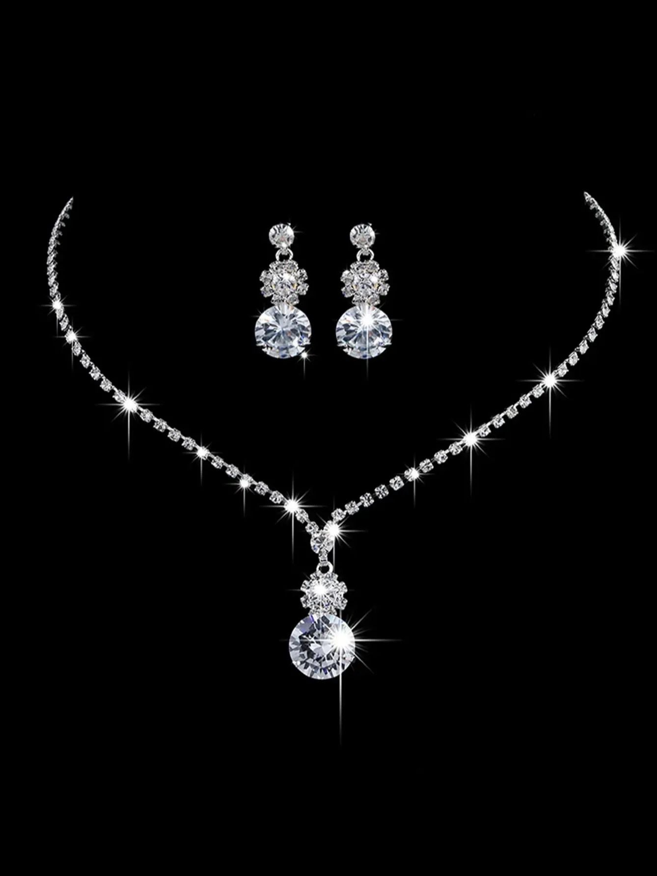 Two Piece Round Rhinestone Earrings and Necklace Set for Wedding, Pageant, Quinceanera, etc.