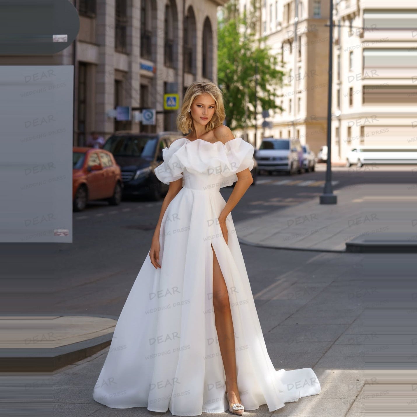 Organza off the Shoulder A-Line Wedding Gown with Side Split and Neckline Ruffle