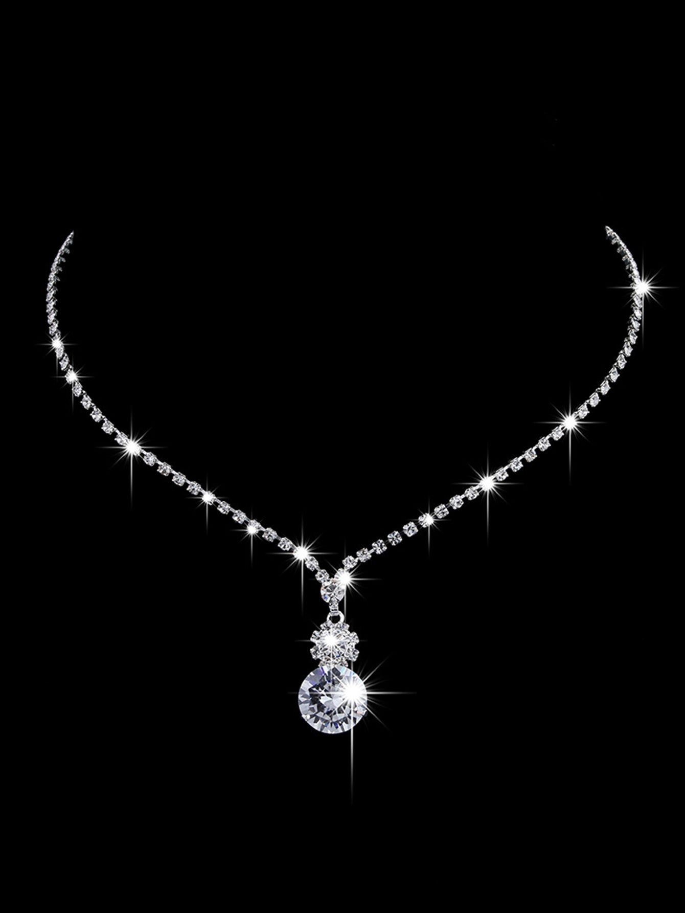 Two Piece Round Rhinestone Earrings and Necklace Set for Wedding, Pageant, Quinceanera, etc.