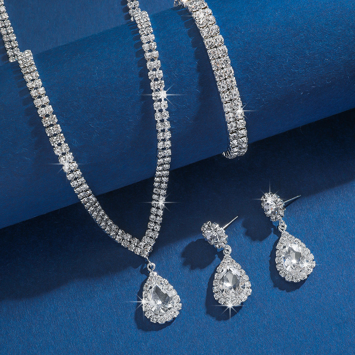 3 piece Rhinestone Earrings, Necklace and Bracelet Set for Pageant, Wedding, Quincenera, Engagement, etc.