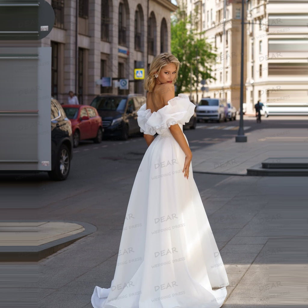 Organza off the Shoulder A-Line Wedding Gown with Side Split and Neckline Ruffle