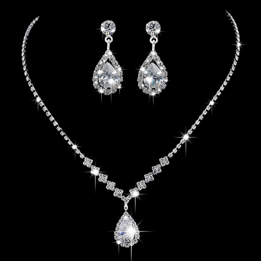 Oval Rhinestone Two-Piece Necklace and Earrings Set for Wedding, Pageant, Engagement, Quinceanera, etc.