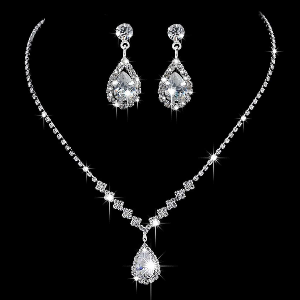 Oval Rhinestone Two-Piece Necklace and Earrings Set for Wedding, Pageant, Engagement, Quinceanera, etc.