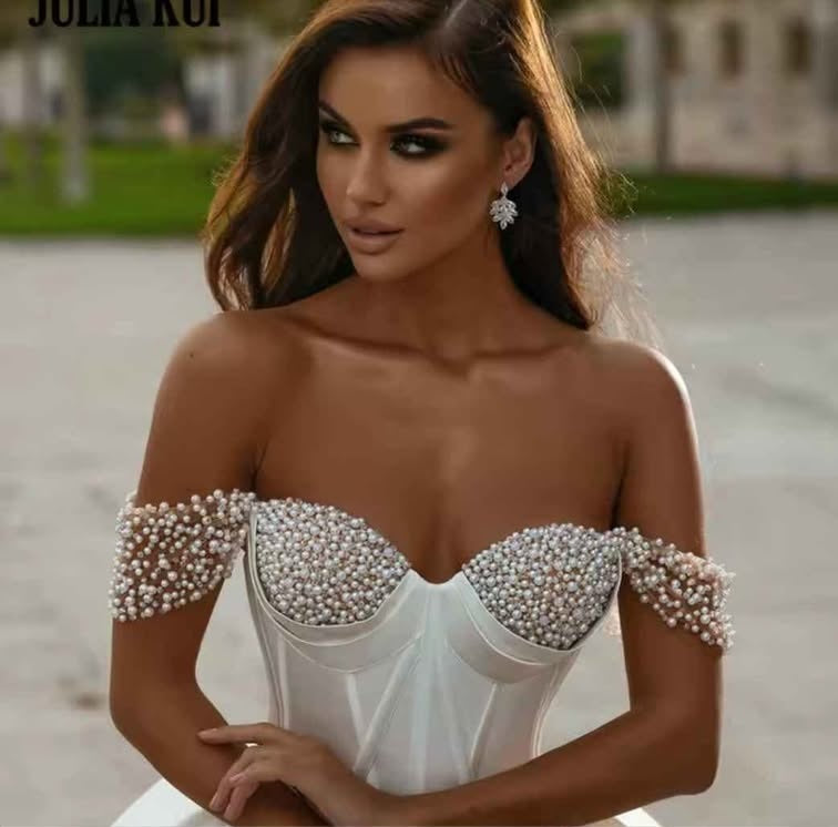 Off the Shoulder Pearl Detail Wedding Ball Gown