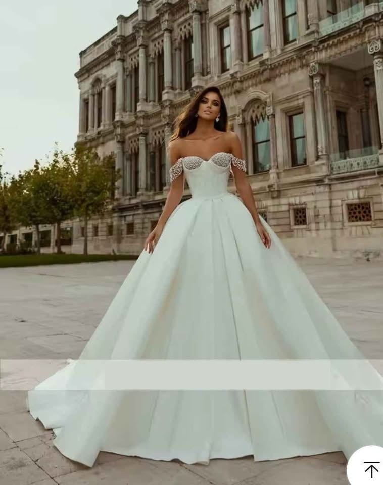 Off the Shoulder Pearl Detail Wedding Ball Gown