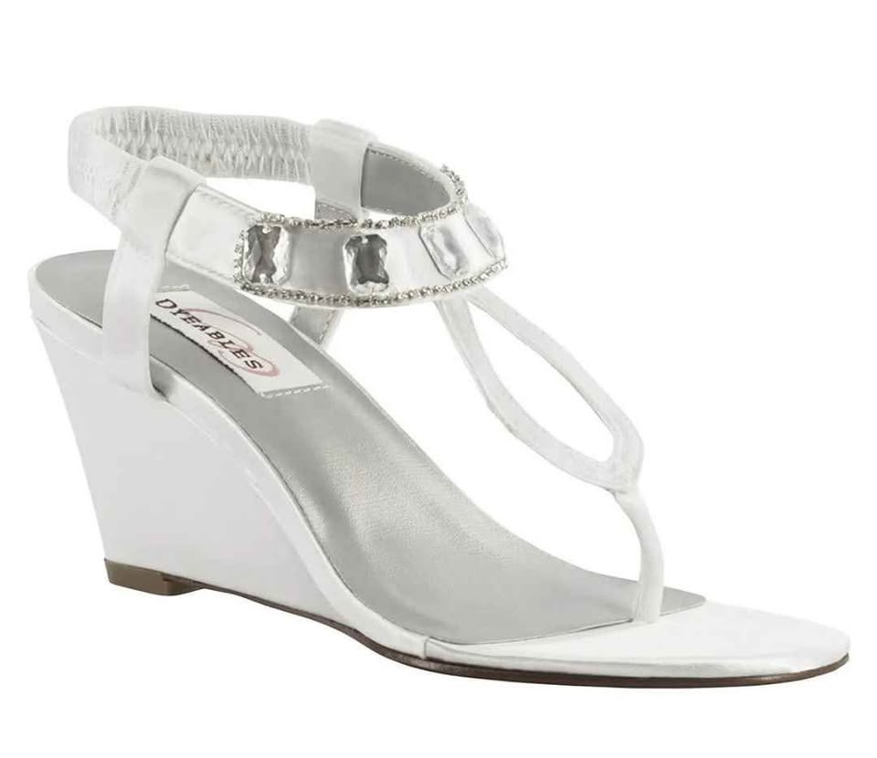 White Satin Open-Toe Wedge Sandals with Jewel Detail