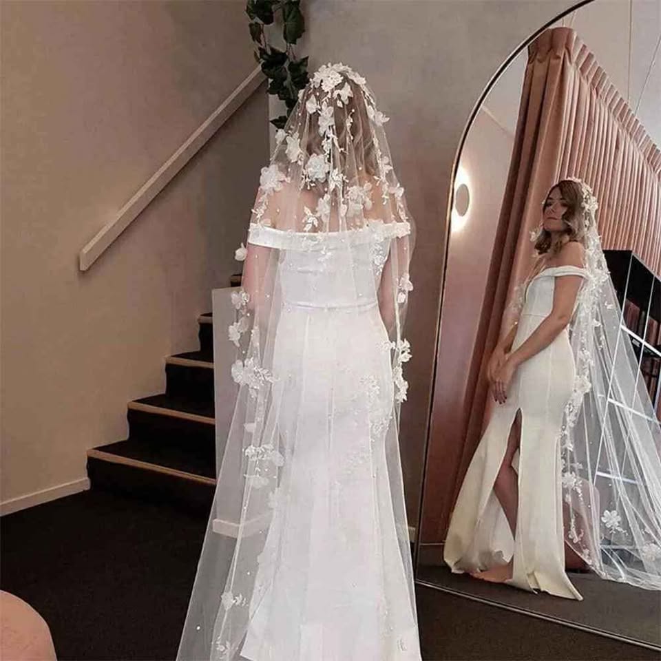 118 inch Flower Applique Veil - White or Ivory