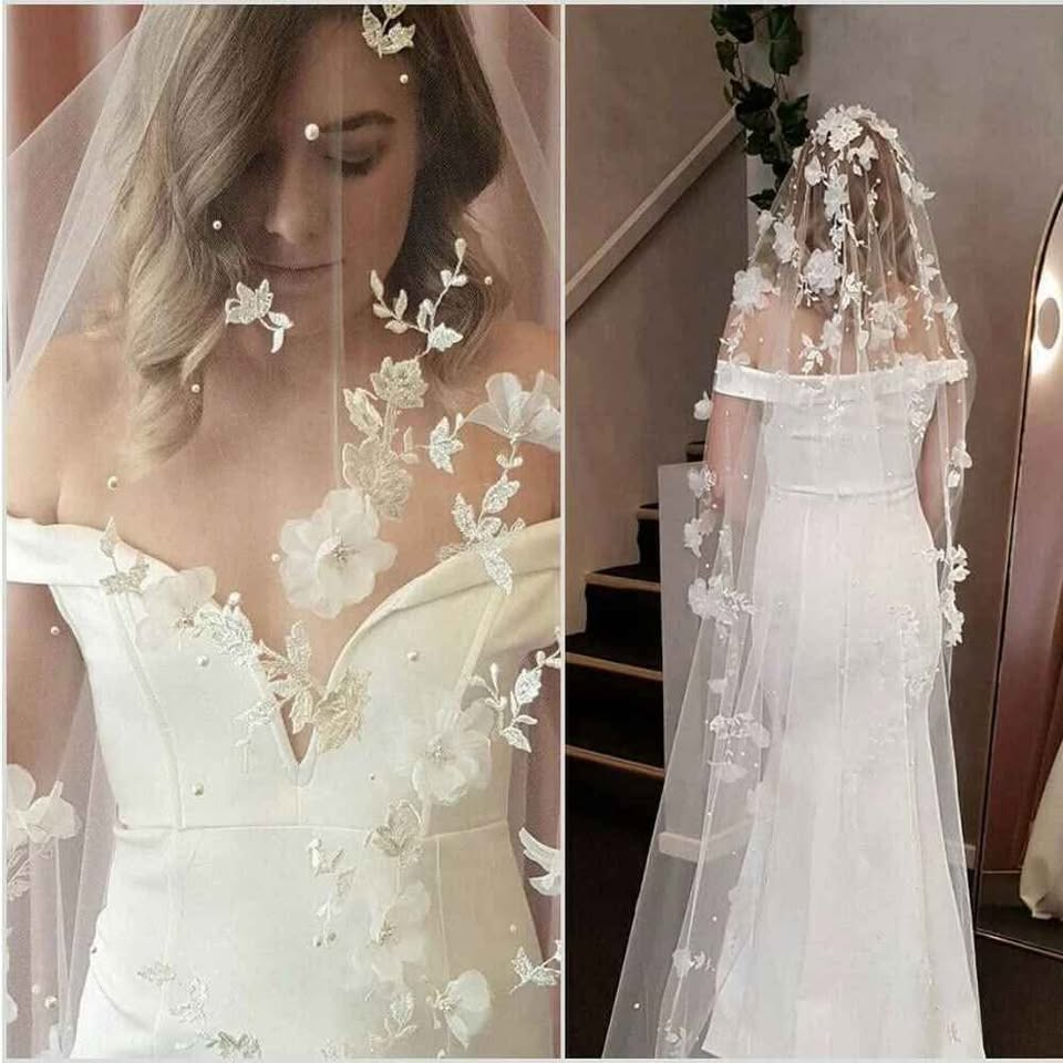 118 inch Flower Applique Veil - White or Ivory