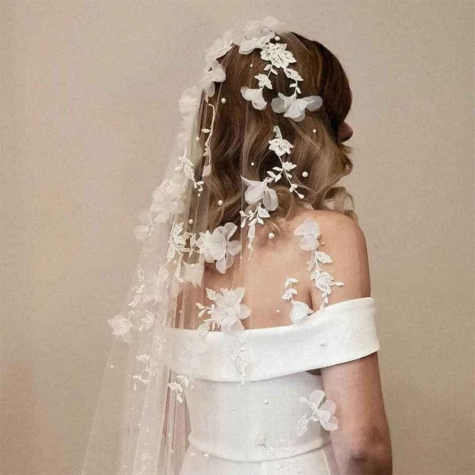118 inch Flower Applique Veil - White or Ivory