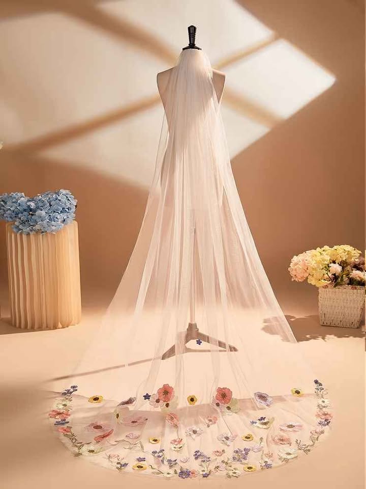 Long Pastel Flower Veil - White or Ivory (90 inches)