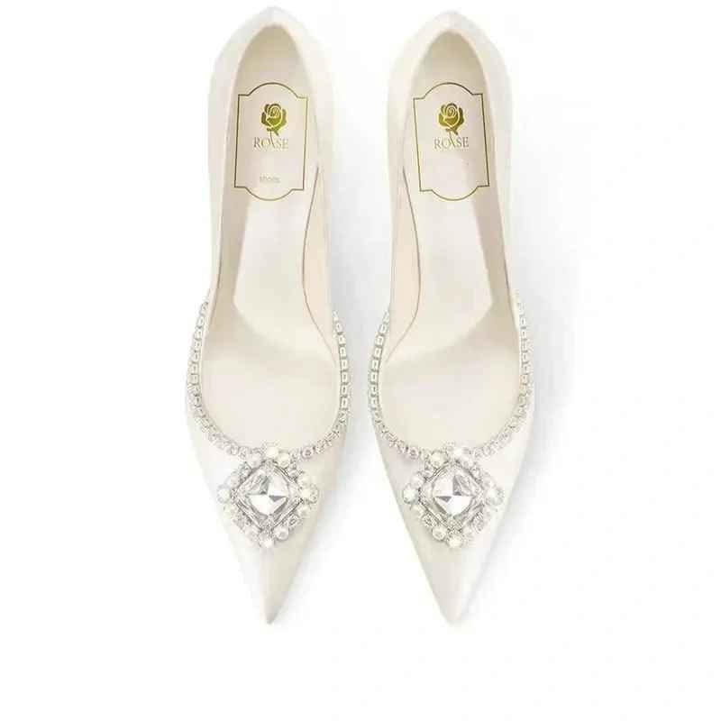 White Satin Bridal Shoes with Rhinestone Detail