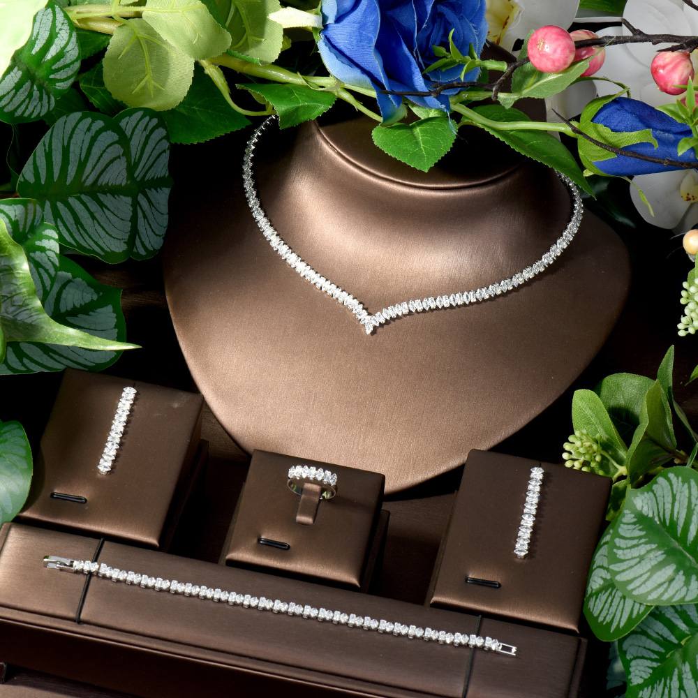Gorgeous Platinum-plated 4 piece Cubic Zirconia Necklace Set for Pageant, Wedding, Engagement, Quinceanera, etc.