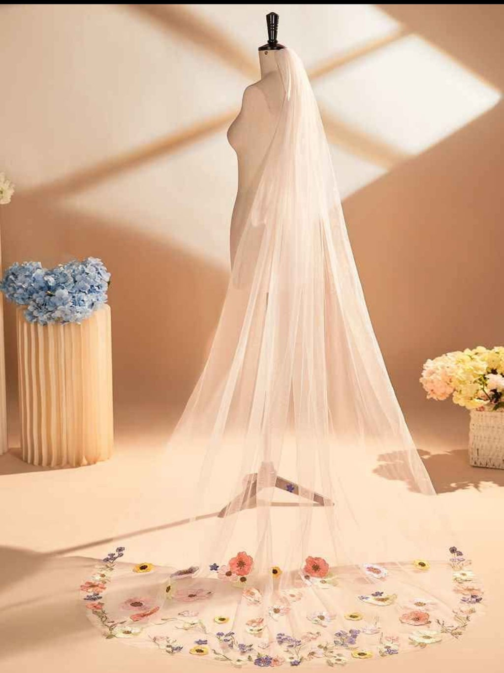 Long Pastel Flower Veil - White or Ivory (90 inches)