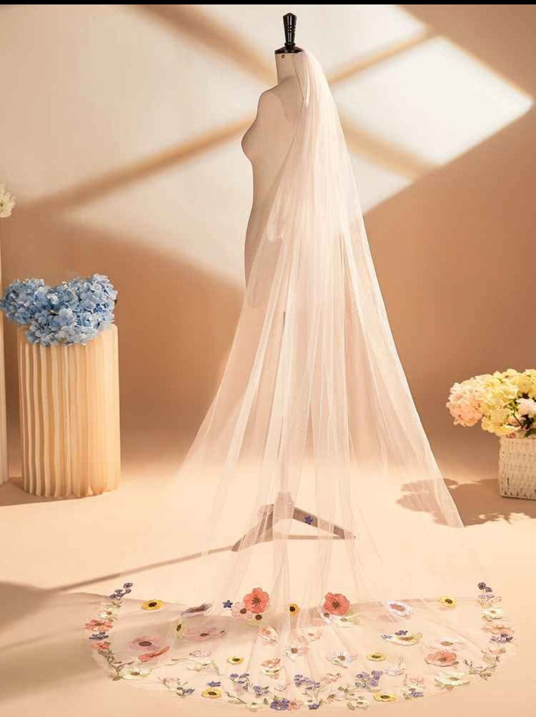 Long Pastel Flower Veil - White or Ivory (90 inches)