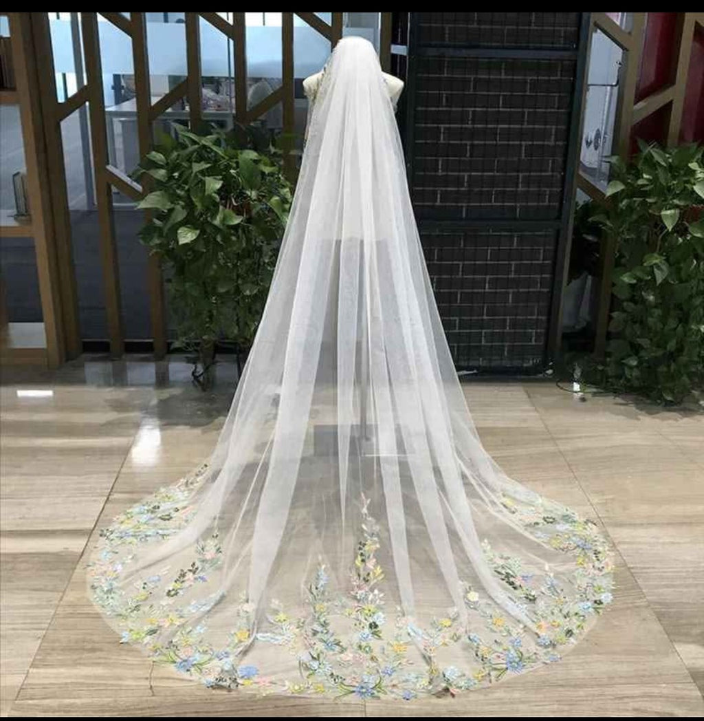 Chapel-length Pastel Floral Veil - White or Ivory