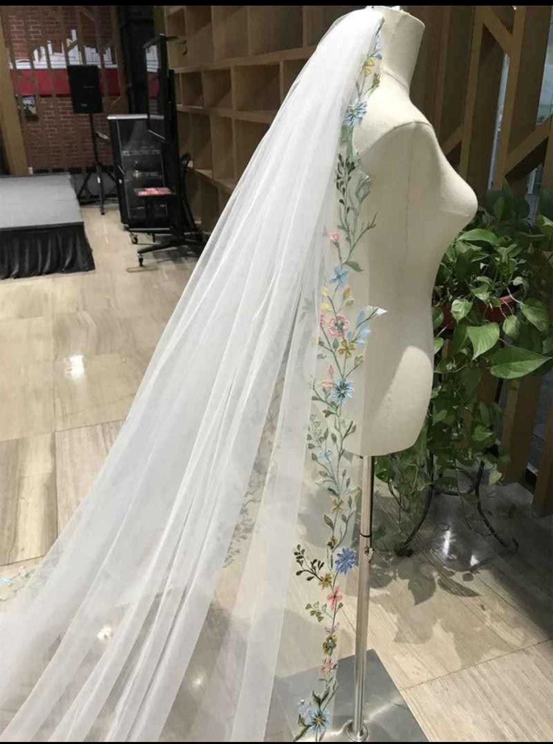 Chapel-length Pastel Floral Veil - White or Ivory