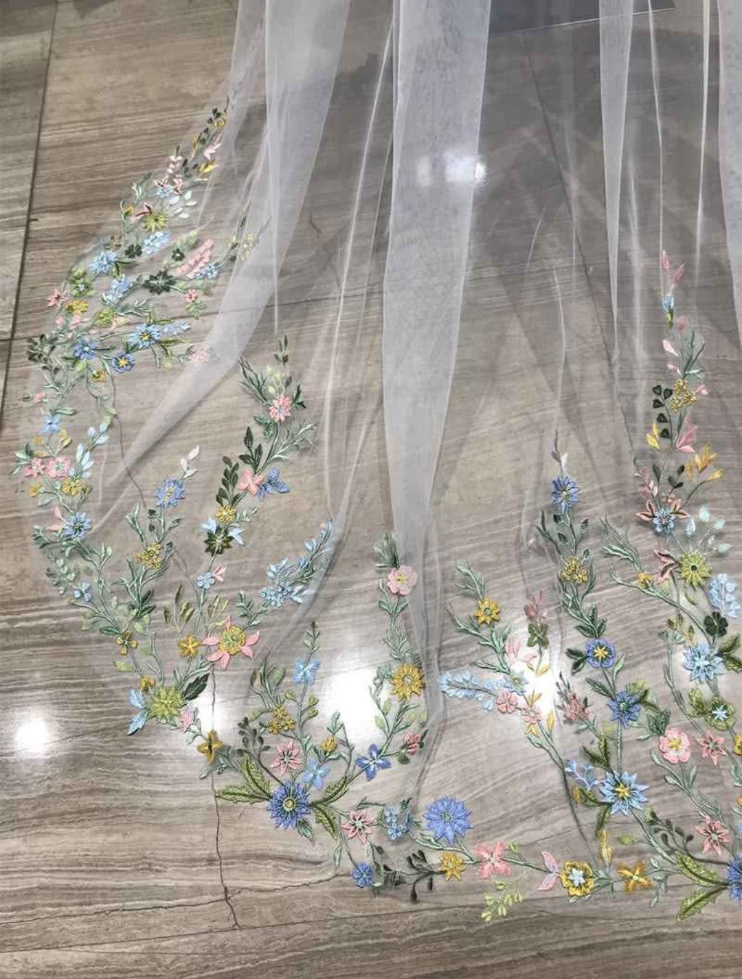 Chapel-length Pastel Floral Veil - White or Ivory