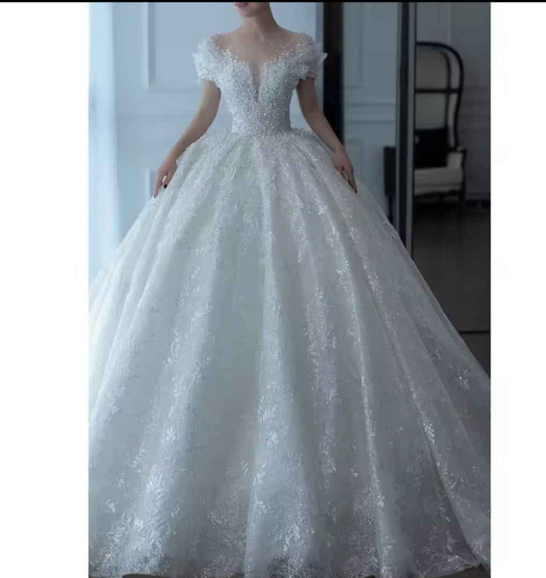 Ivory Crystal and Applique Tulle Wedding Gown with Train