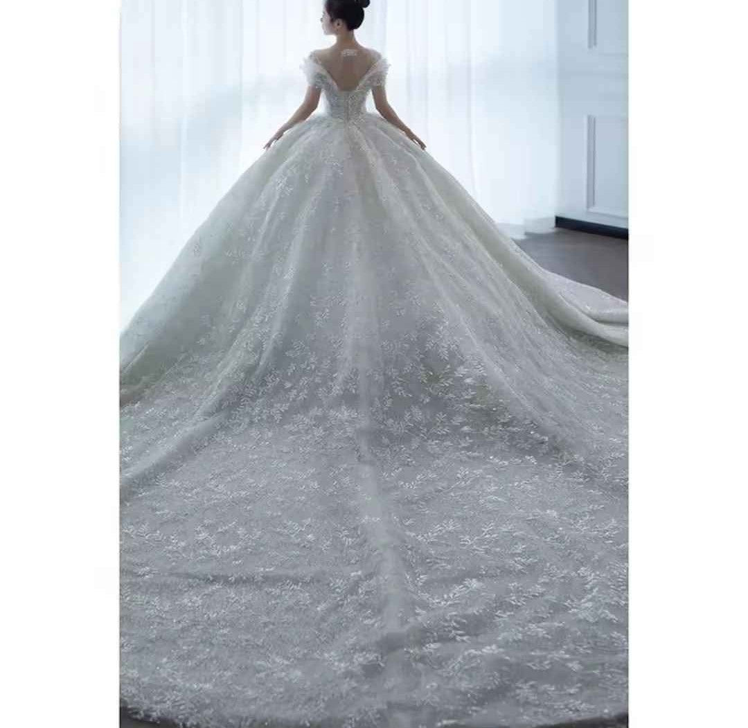 Ivory Crystal and Applique Tulle Wedding Gown with Train