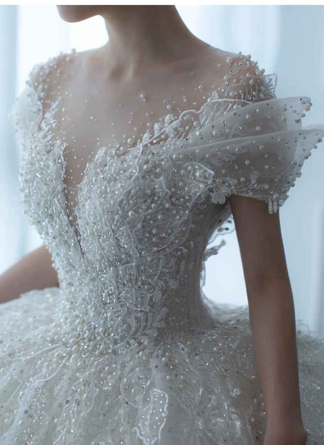 Ivory Crystal and Applique Tulle Wedding Gown with Train