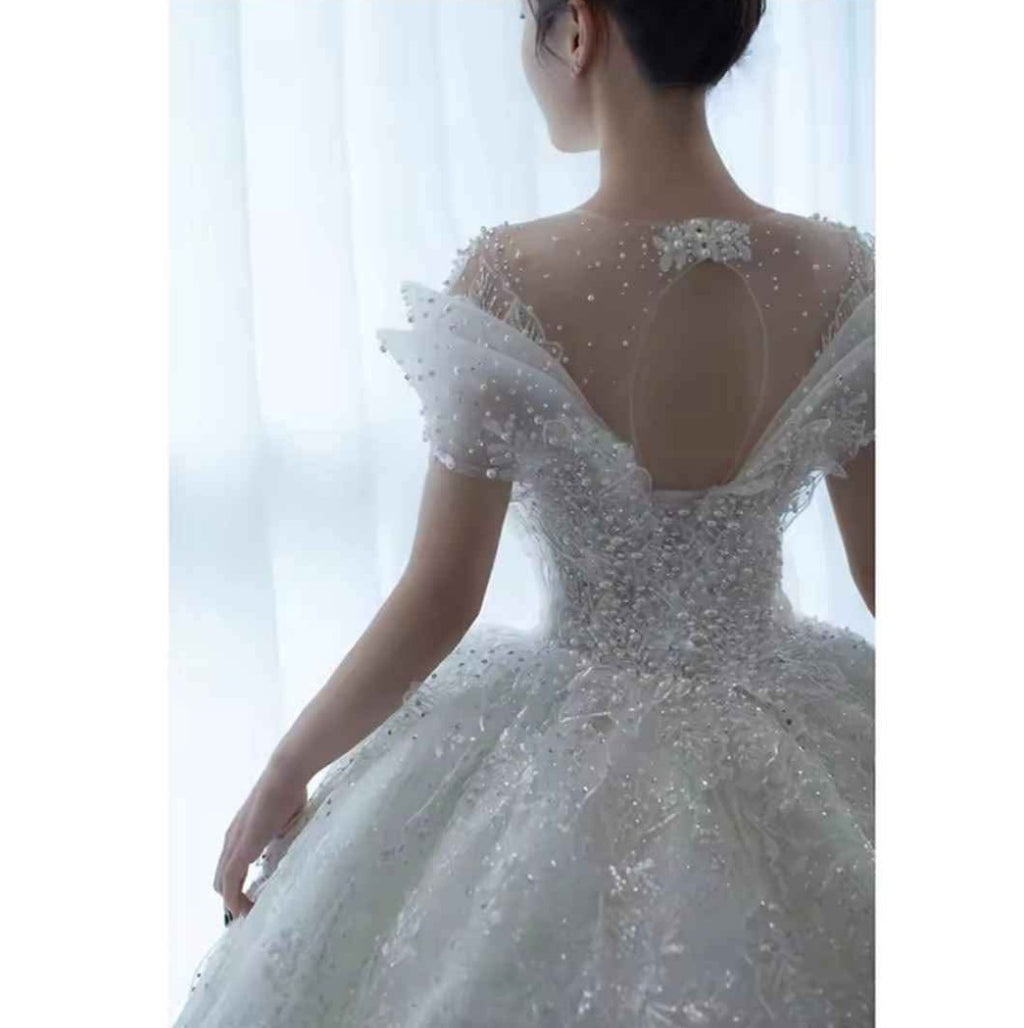 Ivory Crystal and Applique Tulle Wedding Gown with Train
