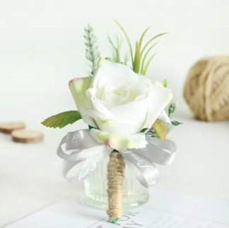 White Wrist Corsage and Boutonniere Set
