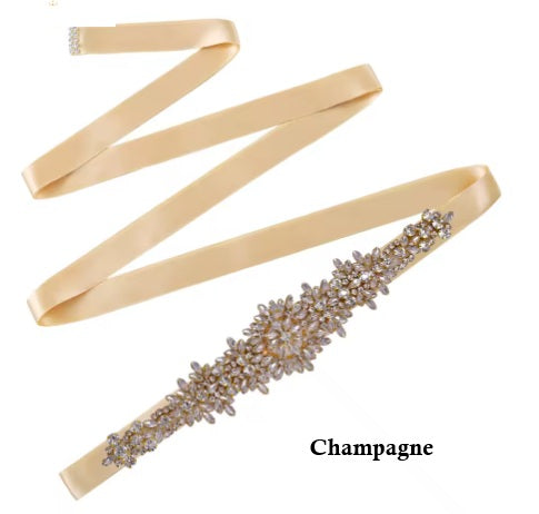 Satiny Bridal Belt with Jeweled Detail - White, Off White, Ivory and Champagne