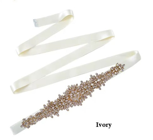 Satiny Bridal Belt with Jeweled Detail - White, Off White, Ivory and Champagne