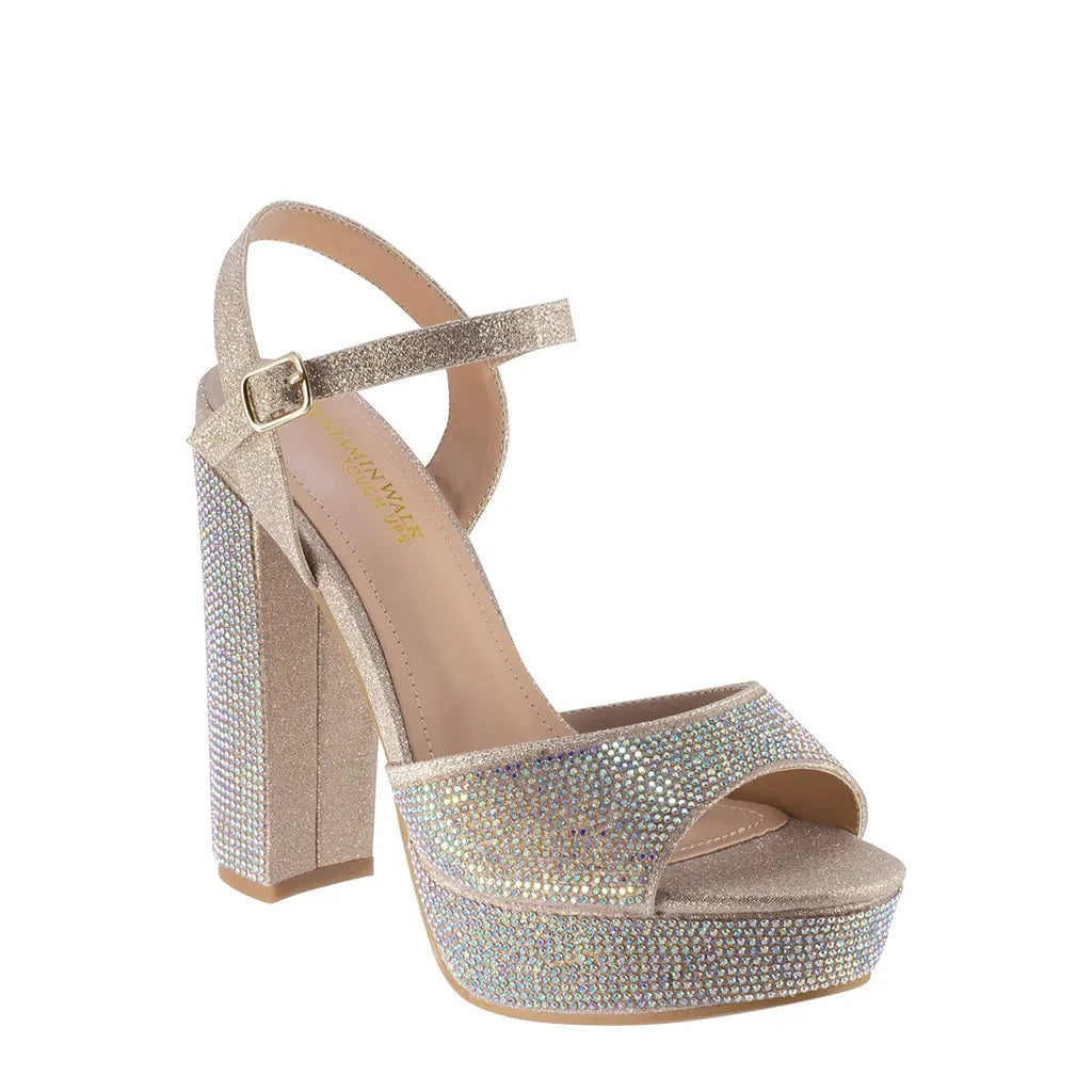 Lynx High Block Heel Platform Sandals with Stones - Silver Glitter and Champagne Glitter