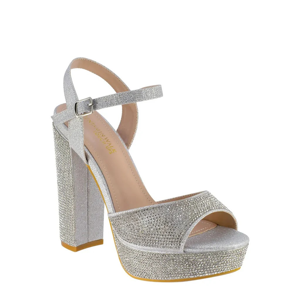 Lynx High Block Heel Platform Sandals with Stones - Silver Glitter and Champagne Glitter