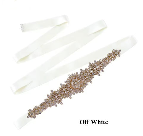 Satiny Bridal Belt with Jeweled Detail - White, Off White, Ivory and Champagne