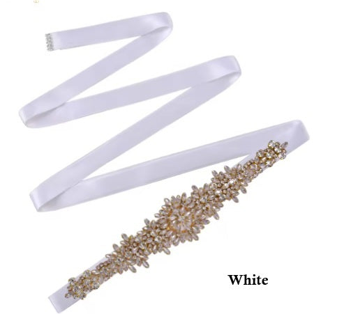 Satiny Bridal Belt with Jeweled Detail - White, Off White, Ivory and Champagne