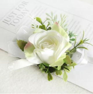 White Wrist Corsage and Boutonniere Set
